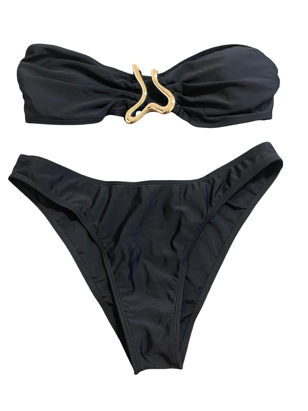 SHEIN Black Bandeau Bikini Set with Gold Wave Hardware Detail size L